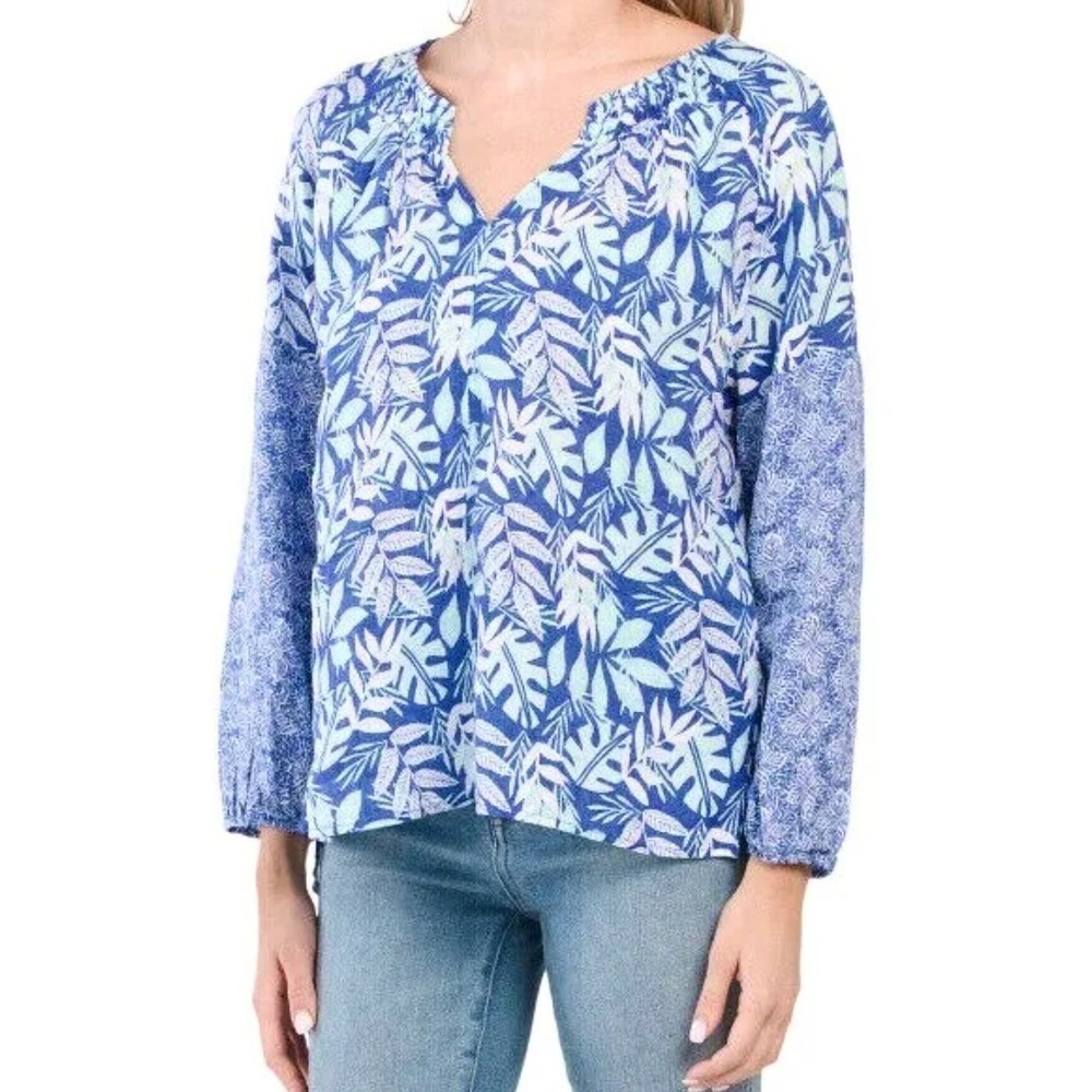 Sigrid Olsen Women's Medium Blue White Multicolor 100% Linen 3/4 Sleeves Top NWT